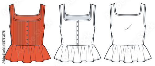 Square Neck Ruffle Top Technical Fashion Illustration. Jersey Top with poplin Peplum fashion flat technical drawing template, front buttons, front and back view, white, orange, women CAD mockup set.