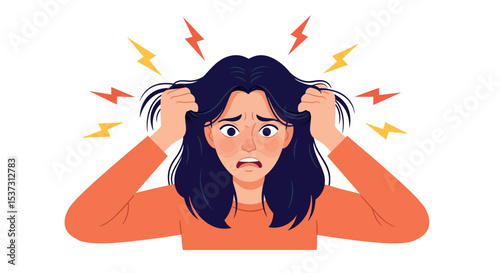 Stressed woman pulling hair with lightning symbols representing anxiety and frustration vector illustration