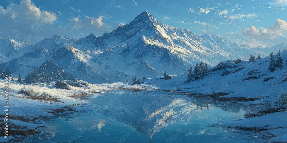Obraz premium Snow-covered mountains reflect in tranquil lake under blue sky during bright daylight
