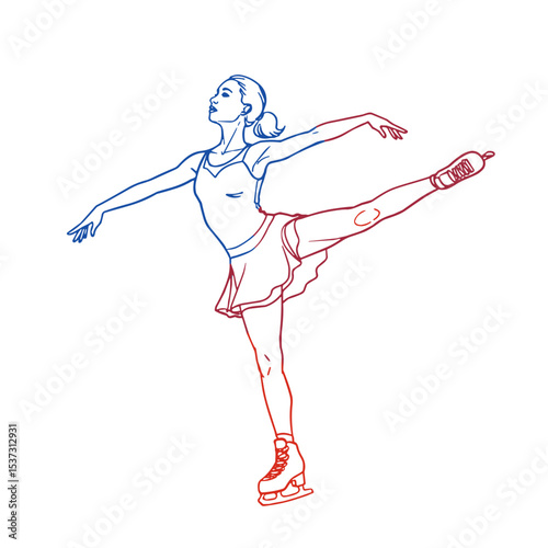 Figure skater performing a pirouette in line art style on a transparent background  