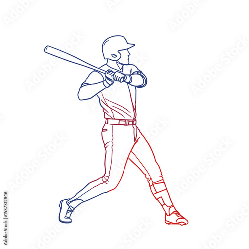 Baseball player swinging a bat in motion with linear outline design  on transparent background