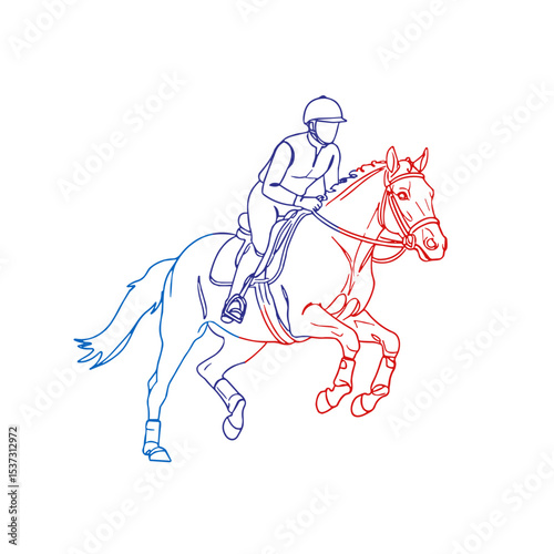 Horse rider galloping on a horse in linear outline icons on transparent background  