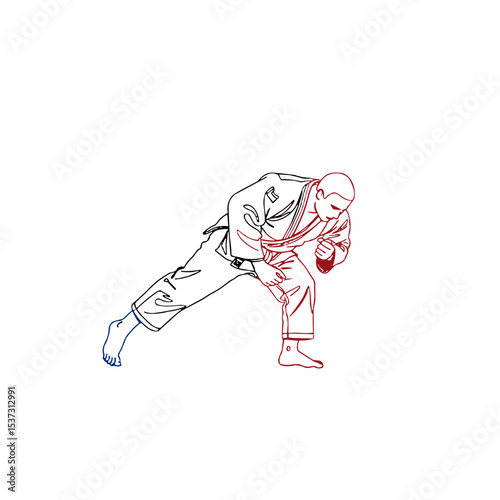 Martial artist performing judo move in line art style on transparent background  