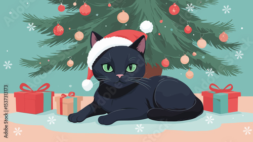 Lovely black cat wearing a Santa hat beside a Christmas tree with presents, festive and cozy atmosphere