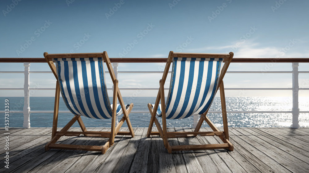 Fototapeta premium Relaxing chairs overlook tranquil ocean view near sunset