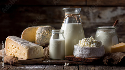 Various dairy products displayed on rustic wooden table