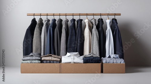 Stylish clothing display showcasing various jackets and folded shirts
