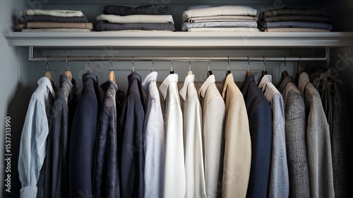 Organized collection of shirts and sweaters in a closet