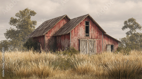 Rustic red barn surrounded by tall grasses in a quiet landscape
