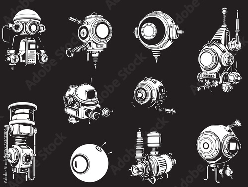 Mechanism set, retro, vintage, steampunk, cyberpunk, decorative elements. Ideal design for social media, cover, banner, flyer, music, ads.	