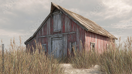 Old wooden house surrounded by tall grass in a quiet landscape