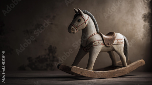 Wooden rocking horse displayed indoors with soft lighting