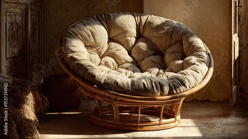 Cozy round chair crafted from natural materials in serene room setting