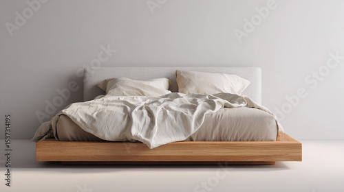 Minimalist bedroom with natural wood bed and soft linens