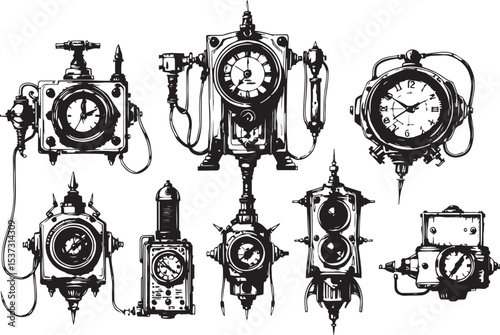Mechanism set, retro, vintage, steampunk, cyberpunk, decorative elements. Ideal design for social media, cover, banner, flyer, music, ads.	