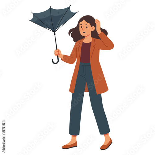 Young woman with broken umbrella flat vector illustration