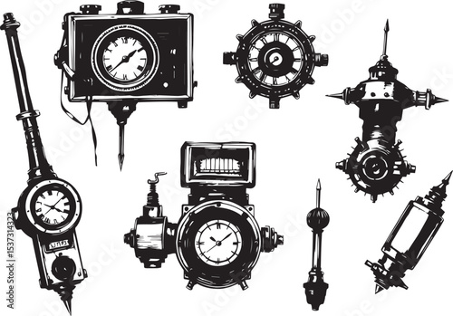 Mechanism set, retro, vintage, steampunk, cyberpunk, decorative elements. Ideal design for social media, cover, banner, flyer, music, ads.	