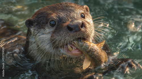 Otter catches fish during playful swim in natural habitat
