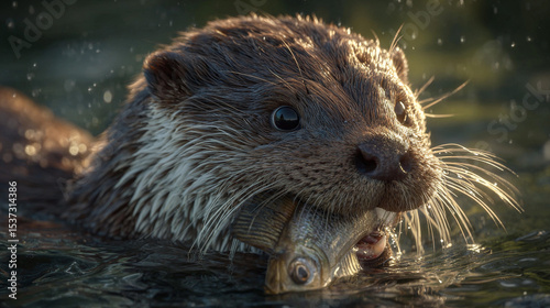 Otter hunting fish in a serene river at sunset