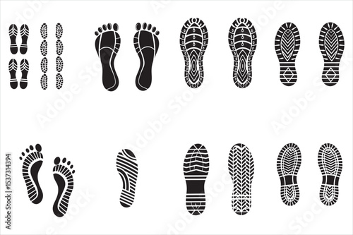 Diverse Shoe and Foot Prints on a White Background