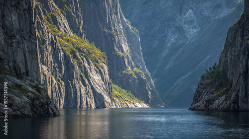Majestic cliffs rising above tranquil waters in remote fjord