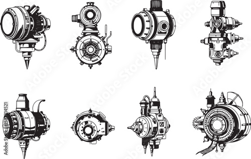 Mechanism set, retro, vintage, steampunk, cyberpunk, decorative elements. Ideal design for social media, cover, banner, flyer, music, ads.	