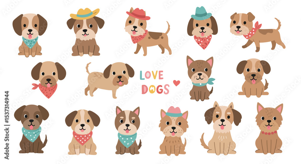 Obraz premium Cute cartoon dogs pattern with hats and bandanas for kids decor vector illustration