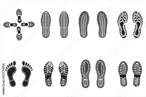 Diverse Shoe and Foot Prints on a White Background