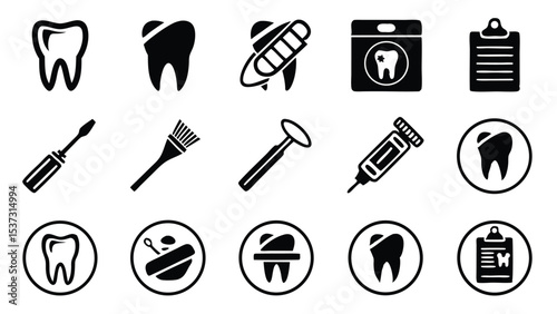 Black and white dental icons representing oral health and tooth care treatments