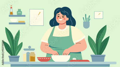 plus size woman cooking alone