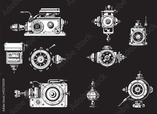 Mechanism set, retro, vintage, steampunk, cyberpunk, decorative elements. Ideal design for social media, cover, banner, flyer, music, ads.	