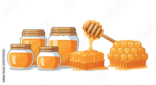 Honey jars and honeycomb with dipper - sweet natural design for kitchen decor vector illustration