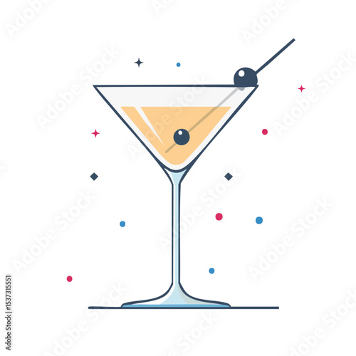 A simple illustration of a cocktail with a toothpick and two black olives
