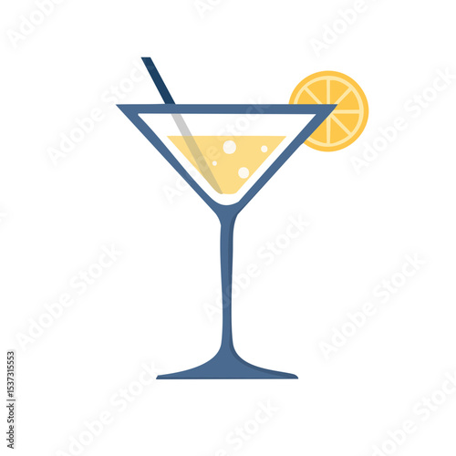 A refreshing cocktail with a lemon slice. The drink has a blue glass, with a lemon slice