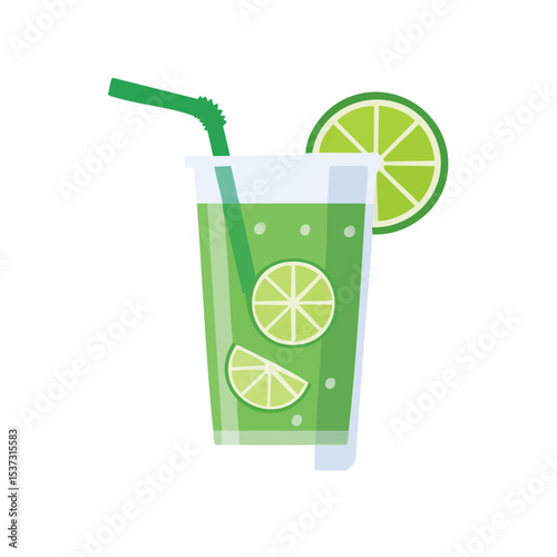 Refreshing green drink with lime slices and a straw, perfect for a hot day. The drink is in a transparent glass and the lime slice adds a pop of freshness