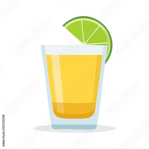 A refreshing tequila shot with a lime wedge. The shot glass is filled with a golden liquid and a fresh lime wedge