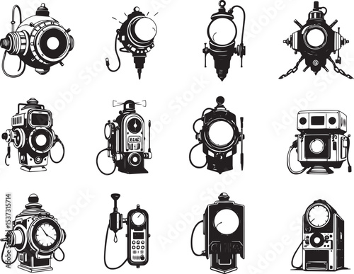 Mechanism set, retro, vintage, steampunk, cyberpunk, decorative elements. Ideal design for social media, cover, banner, flyer, music, ads.	