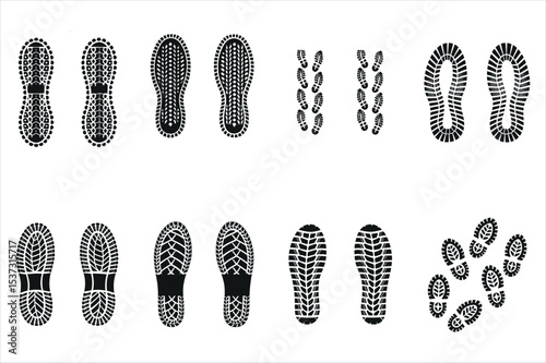 Diverse Shoe and Foot Prints on a White Background