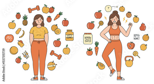 Healthy lifestyle transformation concept with fitness and nutrition elements for motivation and inspiration vector illustration