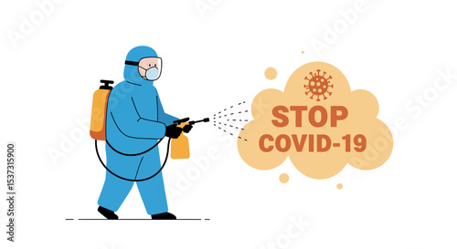 Stop covid-19: disinfection effort with protective gear vector illustration