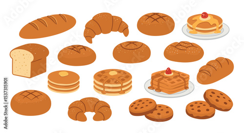 Assortment of baked goods and pastries for breakfast and dessert vector illustration