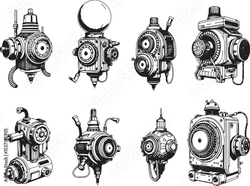 Mechanism set, retro, vintage, steampunk, cyberpunk, decorative elements. Ideal design for social media, cover, banner, flyer, music, ads.	