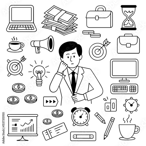 Line art of business and finance related elements