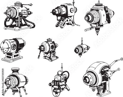 Mechanism set, retro, vintage, steampunk, cyberpunk, decorative elements. Ideal design for social media, cover, banner, flyer, music, ads.	