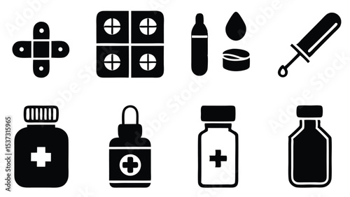 Black and white medical icons illustrating medicine and healthcare elements on white background