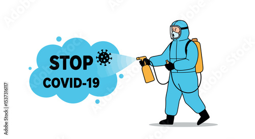 Stop covid-19 campaign: safety measures in action with protective gear vector illustration