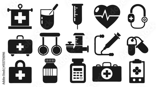Black and white medical icons representing healthcare emergency and medical equipment