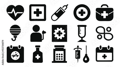 Black and white medical icons representing healthcare, medicine, and related concepts.