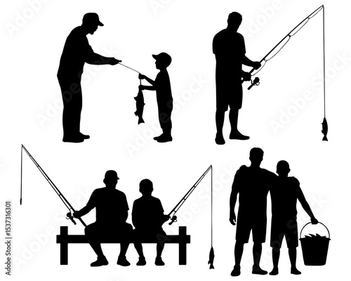 Silhouettes of people fishing and carrying bucket