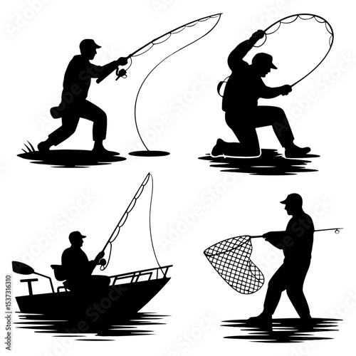 Silhouette illustrations of people fly fishing